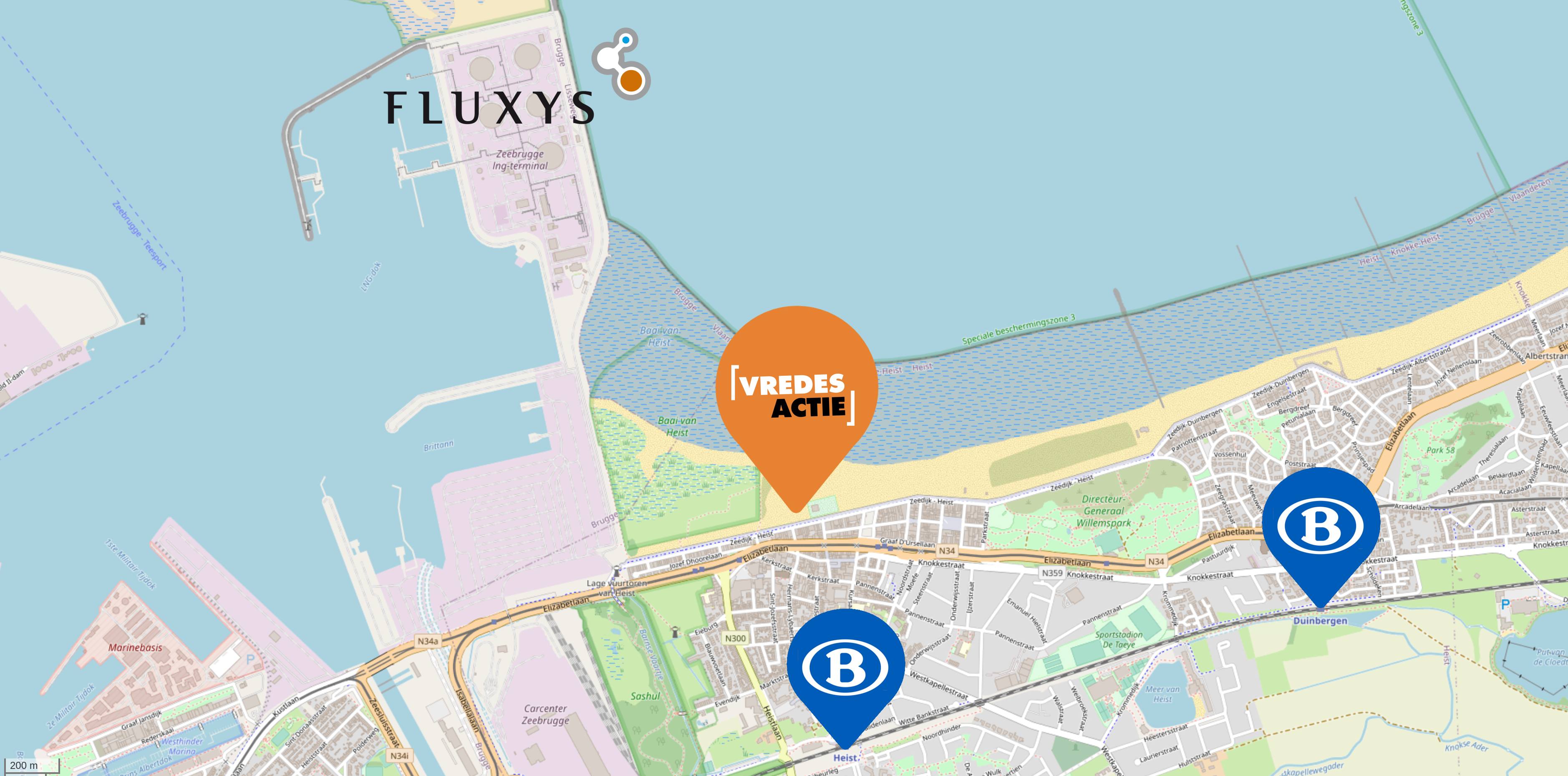 Een landkaart die de plek van de actie toont, aan het strand van Knokke-Heist ter hoogte van het Vissershuldeplein