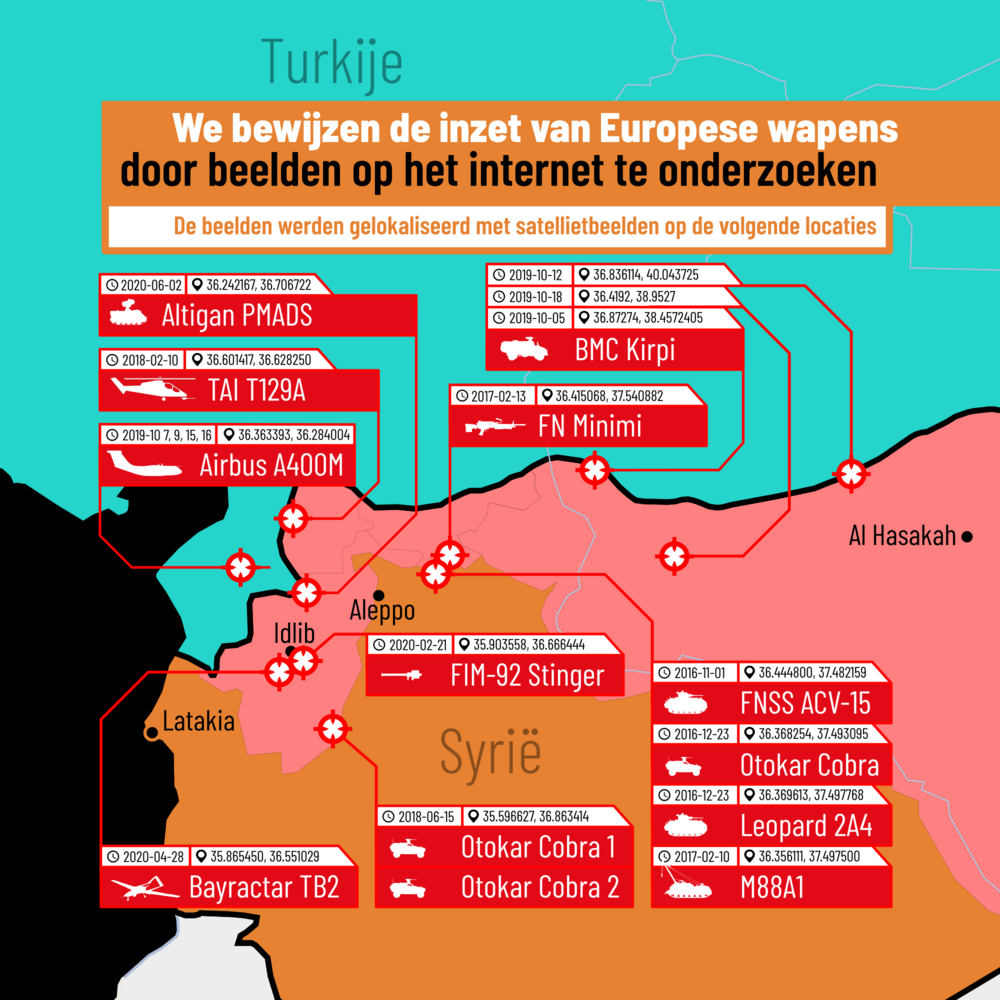 Een kaart van Noord-Syrië waarop de verschillende wapens die gelokaliseerd werden aangeduid staan.