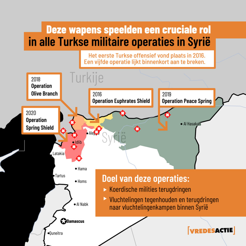 Kaart van Noord-Syrië met de vier verschillende Turkse militaire operaties ingekleurd.